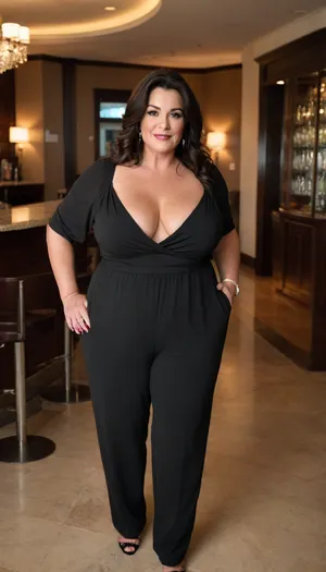 Women, 55 years old, milf, french, ssbbw figure, with oversized massive thick thighs and oversized wide hips. Natural floppy breast, braless under clothes. Tanned, tannlines. Seductive posing. Black hair, hairlenght up to hips, straight hairstyle. In wide jumpsuit, decollete. At a party in a modern luxury hotel bar.