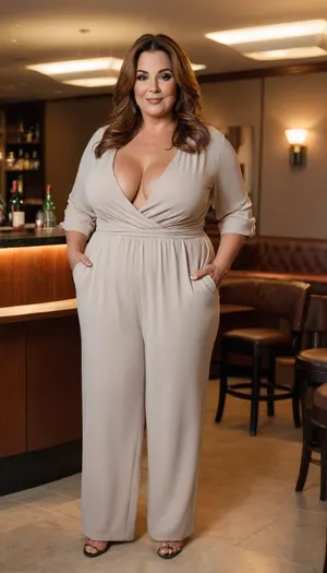 Women, 55 years old, milf, Armenian, ssbbw figure, fupa, with oversized massive thick thighs and oversized wide hips. Natural floppy breast, braless under clothes. Tanned, tannlines. Seductive posing. Auburn hair, hairlenght up to hips, straight hairstyle. In wide jumpsuit, decollete. At a party in a modern luxury hotel bar.