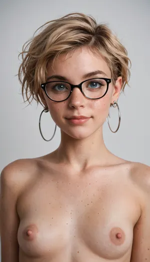 (photorealistic), plain photo shoot background, three-quarter, strong side key lights.
Innocent-looking young woman, blonde pixie cut hair, (cute), button nose, stocky, freckles, glasses, distinct eyebrows, (smile:.8), (eyes closed:.5), rosy cheeks, heart shaped head, small breasts, big perky nipples, (sweaty:.8), looking sideways