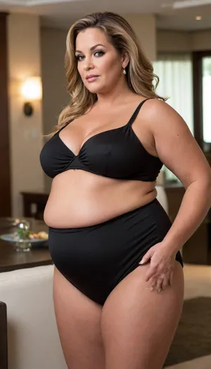 1/3 side view, Women, 55 years old, milf, ssbbw figure, fupa, with oversized massive thick thighs and oversized wide hips. Natural floppy breast, braless under clothes. Tanned, tannlines. Seductive posing. Captivating light eyes. Dark blonde hair, hairlenght up to hips, straight hairstyle. In wide form-fitting black jumpsuit, decollete. At a party in a modern luxury hotel bar. Walking