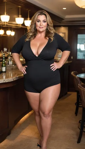 Women, 55 years old, milf, ssbbw figure, fupa, with oversized massive thick thighs and oversized wide hips. Natural floppy breast, braless under clothes. Tanned, tannlines. Seductive posing. Captivating light eyes. Dark blonde hair, hairlenght up to hips, straight hairstyle. In wide black jumpsuit, decollete. At a party in a modern luxury hotel bar. Walking, bottomheavy, big, ass, huge, gigantic, thick, thighs, massive, <lora:bottomheavy_v1_sdxl_tags:.8>