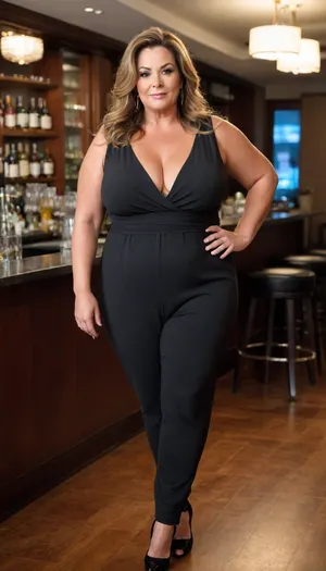 Women, 55 years old, milf, ssbbw figure, fupa, with oversized massive thick thighs and oversized wide hips. Natural floppy breast, braless under clothes. Tanned, tannlines. Seductive posing. Captivating light eyes. Dark blonde hair, hairlenght up to hips, straight hairstyle. In wide black jumpsuit, decollete. At a party in a modern luxury hotel bar. Walking, <lora:add-detail-xl:.8>
