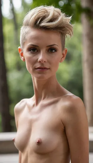 RAW 8K photo, entire body picture head to toes, naked mature woman‘s petit body 45 kilograms light, extremely skinny like a professional ballerina, bordering anorexity, very sinewy body, dry muscles, (very dark sunburnt tanned skin), ultrarealistic skin texture, ashblonde very pixie mohawk updo hair and a undercut, very relaxed posture