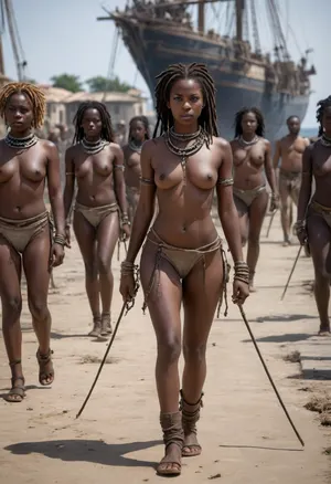 a real Masterpiece picture in color of naked african female slaves. They wear steel cuffs around their hands and ankles. The cuffs are connected with iron chains. They also wear iron chains around their necks. They walk in a row through a 18thcentury harbor. of a westafrican town. In front of them is an 18th century sailing ship on a pier. They look unsecure. White men in black military uniforms with canes watch them., (stately girl), (dreadlocks), (big hips), (sand), (professional shooting), (dirty makeup), (torn lingerie), (lion), (fetish), (choker), (bracelets), (dirt), (emo), (punk), (anime), A dark -skinned girl with dreadlocks and in combat coloring stands in the middle of the savannah and holds a spear in her hands