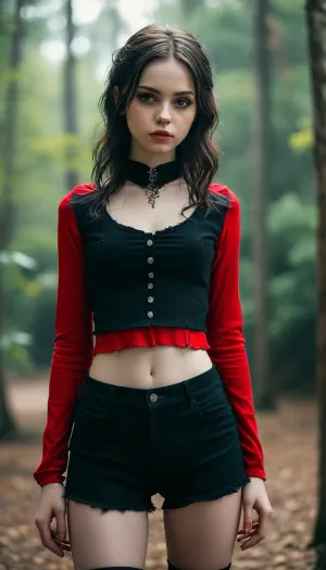 student, Pale skin, Black and red clothes, ripped revealing clothes, goth, Small tits, (full body view), Tinymodel, young, schoolgirl, 20 years old, perfect face, dark brown eyes, cute, closeup, petite body, smokey eyes, full body photo, beautiful face, (Ultra detailed skin:1.5), (ultra high resolution:1.5), <lora:MJ52:.4>