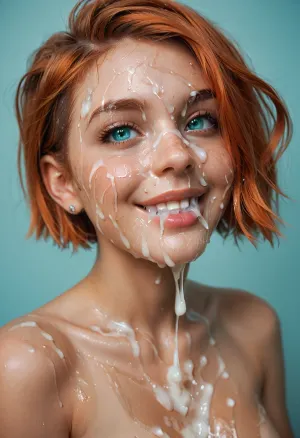 close shot of bukkake viewed from side, happy and smiling, hd dark turquoise eyes and detailed iris, cumshots, (short perfect hair), (round bobcut), portrait picture of her face and breasts in cum facial, (perky pointy breasts), with natural skin, excessive cum on her face, cum on her eyelashes, Cum on her eyelids, Cum on her cheek skin, cum in her mouth, her face wet with Cum, Cum on her lips. cum on her hair, woman, cum on face, (ginger styles), facialized, superfacialized, <lora:JustCum:1.9>, <lora:add-detail-xl:1.2>, <lora:facialized:1.9>