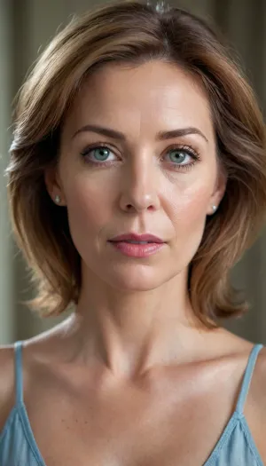 This is a close-up, head-and-shoulders portrait of a woman who appears to be in her 60s, looking directly at the viewer with a serene and confident expression.
Her hair is a warm chestnut brown, subtly streaked with gray, suggesting a natural aging process. It frames her face softly. Her most striking feature is her eyes, which are a vibrant and captivating blue-green color.
Her complexion is fair, and while there are visible lines around her eyes and mouth, they appear to be soft expression lines rather than deep wrinkles, indicating graceful aging. Her lips are full and have a natural, rosy hue.
She is wearing a low-cut, light-colored silk camisole. The fabric has a soft sheen, suggesting luxury, and the cut reveals a significant amount of her chest, indicating that she has large, mature breasts that are prominently displayed.
The lighting is soft and even, highlighting her features without harsh shadows and giving her skin a gentle glow. The background is a simple, blurred, light gray or cream color, ensuring that the focus remains entirely on the woman. The overall impression is one of mature beauty, confidence, and natural elegance.