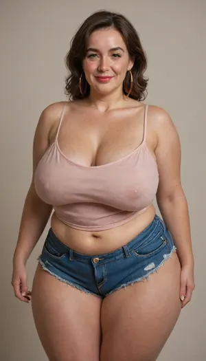 Mature, gilf, 80 years old, (oversized ssbbw:1), ., (Oversized thick thighs and oversized wide hips:1), . Oversized wide thin camisole. Natural brown hair, thick. Freckles on face. Long eyelash. Full lips, lipstick. Tight highwaist shorts. Hoop earrings. Seductive posing. Seductive smile. Fupa. Light eyes, sagging, drooping
