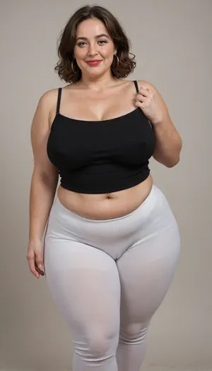 Mature, gilf, 80 years old, (oversized ssbbw:1.3), ., (Oversized thick thighs and oversized wide hips:1), . Oversized wide thin camisole. Natural brown hair, thick. Freckles on face. Long eyelash. Full lips, lipstick. Tight highwaist yoga pants. Hoop earrings. Seductive posing. Seductive smile. Fupa. Light eyes, sagging, drooping, cameltoe, plump