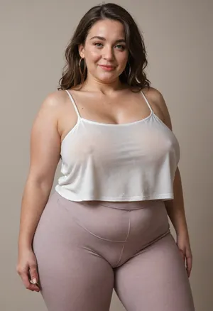 Mature, gilf, 80 years old, (oversized ssbbw:1.3), ., (Oversized thick thighs and oversized wide hips:1), . Oversized wide thin camisole. Natural brown hair, thick. Freckles on face. Long eyelash. Full lips, lipstick. Tight highwaist yoga pants. Hoop earrings. Seductive posing. Seductive smile. Fupa. Light eyes, sagging, drooping, cameltoe, plump