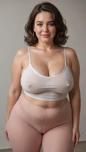 Mature, gilf, 80 years old, (oversized ssbbw:1.3), ., (Oversized thick thighs and oversized wide hips:1), . Oversized wide thin camisole. Natural brown hair, thick. Freckles on face. Long eyelash. Full lips, lipstick. Tight highwaist yoga pants. Hoop earrings. Seductive posing. Seductive smile. Fupa. Light blue eyes, sagging, drooping, puffy cameltoe, plump