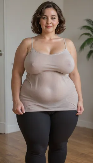 Mature, gilf, 80 years old, (oversized ssbbw:1.4), ., (Oversized thick thighs and oversized wide hips:1), . Oversized wide thin camisole. Natural brown hair, thick. Freckles on face. Long eyelash. Full lips, lipstick. Tight highwaist yoga pants. Hoop earrings. Seductive posing. Seductive smile. Fupa. Light eyes, sagging, drooping, puffy cameltoe, plump