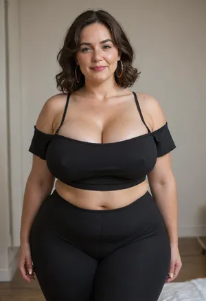 Mature, gilf, 80 years old, (oversized ssbbw:1.4), ., (Oversized thick thighs and oversized wide hips:1), . Oversized wide thin camisole. Natural brunette hair, thick. Freckles on face. Long eyelash. Full lips, lipstick. Tight highwaist yoga pants. Hoop earrings. Seductive posing. Seductive smile. Fupa. Light eyes, sagging, drooping, puffy cameltoe, bulging