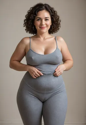 Mature, gilf, granny, 80 years old, (oversized ssbbw:1.4), ., (Oversized thick thighs and oversized wide hips:1), . Oversized wide thin camisole. Natural brunette hair, thick. Freckles on face. Long eyelash. Full lips, lipstick. Tight highwaist yoga pants. Hoop earrings. Seductive posing. Seductive smile. Fupa. Light eyes, sagging, drooping, plump, puffy cameltoe, bulging