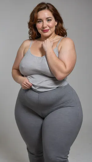 Mature, gilf, 80 years old, (oversized ssbbw:1.4), ., (Oversized thick thighs and oversized wide hips:1), . Oversized wide thin camisole. Natural auburn hair, thick. Freckles on face. Long eyelash. Full lips, lipstick. Tight highwaist yoga pants. Hoop earrings. Seductive posing. Seductive smile. Fupa. Light eyes, sagging, drooping, plump, puffy cameltoe, bulging