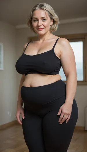 Mature, gilf, granny, pregnant, 80 years old, (oversized ssbbw:1.4), ., (Oversized thick thighs and oversized wide hips:1), . Oversized wide thin camisole. Natural dark blonde hair, thick. Freckles on face. Long eyelash. Full lips, lipstick. Tight highwaist yoga pants. Hoop earrings. Seductive posing. Seductive smile. Fupa. Light green eyes, sagging, drooping, plump, puffy cameltoe, bulging