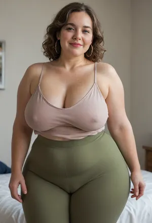 Mature, gilf, 80 years old, (oversized ssbbw:1.3), ., (Oversized thick thighs and oversized wide hips:1), . Oversized wide thin camisole. Natural brown hair, thick. Freckles on face. Long eyelash. Full lips, lipstick. Tight highwaist yoga pants. Hoop earrings. Seductive posing. Seductive smile. Fupa. Light green eyes, sagging, drooping, bulging cameltoe, puffy, plump