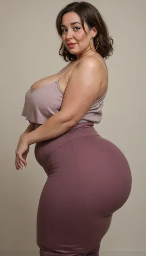 side view, Mature, gilf, 80 years old, (oversized ssbbw:1.3), ., (Oversized thick thighs and oversized wide hips:1), . Oversized wide thin camisole. Natural brown hair, thick. Freckles on face. Long eyelash. Full lips, lipstick. Tight highwaist yoga pants. Hoop earrings. Seductive posing. Seductive smile. Fupa. Light green eyes, sagging, drooping, bulging cameltoe, puffy, plump, bottomheavy, big, ass, huge, gigantic, thick, thighs, massive, <lora:bottomheavy_v1_sdxl_tags:.8>
