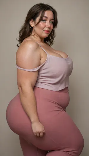 side view, Mature, gilf, 80 years old, (oversized ssbbw:1.3), ., (Oversized thick thighs and oversized wide hips:1), . Oversized wide thin camisole. Natural brown hair, thick. Freckles on face. Long eyelash. Full lips, lipstick. Tight highwaist yoga pants. Hoop earrings. Seductive posing. Seductive smile. Fupa. Light green eyes, sagging, drooping, bulging cameltoe, puffy, plump, bottomheavy, big, ass, huge, gigantic, thick, thighs, massive, <lora:bottomheavy_v1_sdxl_tags:.1>