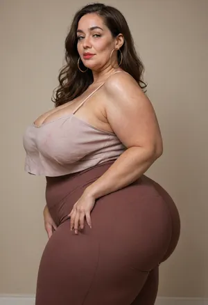 side view, Mature, gilf, 80 years old, (oversized ssbbw:1.3), ., (Oversized thick thighs and oversized wide hips:1), . Oversized wide thin camisole. Natural brown hair, thick. Freckles on face. Long eyelash. Full lips, lipstick. Tight highwaist yoga pants. Hoop earrings. Seductive posing. Seductive smile. Fupa. Light green eyes, sagging, drooping, bulging cameltoe, puffy, plump, bottomheavy, big, ass, huge, gigantic, thick, thighs, massive, <lora:bottomheavy_v1_sdxl_tags:.1>