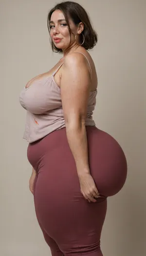 side view, Mature, gilf, 80 years old, (oversized ssbbw:1.3), ., (Oversized thick thighs and oversized wide hips:1), . Oversized wide thin camisole. Natural brown hair, thick. Freckles on face. Long eyelash. Full lips, lipstick. Tight highwaist yoga pants. Hoop earrings. Seductive posing. Seductive smile. Fupa. Light eyes, sagging, drooping, bulging cameltoe, puffy, plump, bottomheavy, big, ass, huge, gigantic, thick, thighs, massive, <lora:bottomheavy_v1_sdxl_tags:.1>