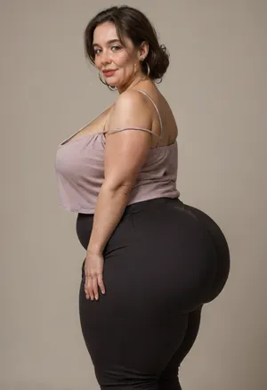 side view, Mature, gilf, 80 years old, (oversized ssbbw:1), ., (Oversized thick thighs and oversized wide hips:1.2), . Oversized wide thin camisole. Natural brown hair, thick. Freckles on face. Long eyelash. Full lips, lipstick. Tight highwaist yoga pants. Hoop earrings. Seductive posing. Seductive smile. Fupa. Light eyes, sagging, drooping, bulging cameltoe, puffy, plump, bottomheavy, big, ass, huge, gigantic, thick, thighs, massive, <lora:bottomheavy_v1_sdxl_tags:.2>