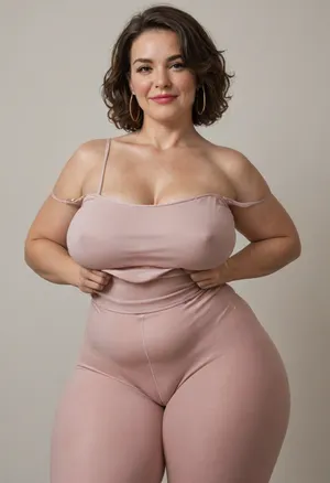Mature, gilf, 80 years old, (oversized ssbbw:1), ., (Oversized thick thighs and oversized wide hips:1.2), . Oversized wide thin camisole. Natural brown hair, thick. Freckles on face. Long eyelash. Full lips, lipstick. Tight highwaist yoga pants. Hoop earrings. Seductive posing. Seductive smile. Fupa. Light eyes, sagging, drooping, bulging cameltoe, puffy, plump, bottomheavy, big, ass, huge, gigantic, thick, thighs, massive, <lora:bottomheavy_v1_sdxl_tags:.2>