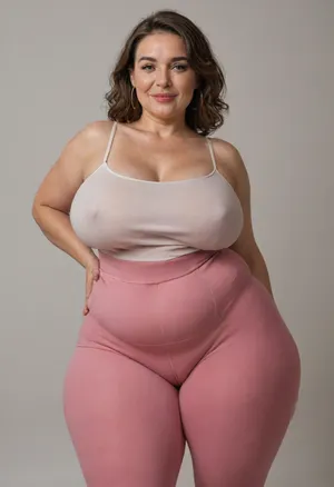 Mature, gilf, 80 years old, (oversized ssbbw:1.3), ., (Oversized thick thighs and oversized wide hips:1.2), . Oversized wide thin camisole. Natural brown hair, thick. Freckles on face. Long eyelash. Full lips, lipstick. Tight highwaist yoga pants. Hoop earrings. Seductive posing. Seductive smile. Fupa. Light eyes, sagging, drooping, bulging cameltoe, puffy, plump, bottomheavy, big, ass, huge, gigantic, thick, thighs, massive, <lora:bottomheavy_v1_sdxl_tags:.5>