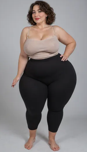 Mature, gilf, 80 years old, (oversized ssbbw:1.3), ., (Oversized thick thighs and oversized wide hips:1.2), . Oversized wide thin camisole. Natural brown hair, thick. Freckles on face. Long eyelash. Full lips, lipstick. Tight highwaist yoga pants. Hoop earrings. Seductive posing. Seductive smile. Fupa. Light eyes, sagging, drooping, bulging cameltoe, puffy, plump, bottomheavy, big, ass, huge, gigantic, thick, thighs, massive, <lora:bottomheavy_v1_sdxl_tags:.1>