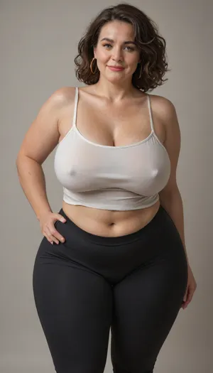 Mature, gilf, 80 years old, (oversized ssbbw:1), ., (Oversized thick thighs and oversized wide hips:1.2), . Oversized wide thin camisole. Natural brown hair, thick. Freckles on face. Long eyelash. Full lips, lipstick. Tight highwaist yoga pants. Hoop earrings. Seductive posing. Seductive smile. Fupa. Light eyes, sagging, drooping, bulging cameltoe, puffy, plump, bottomheavy, big, ass, huge, gigantic, thick, thighs, massive, <lora:bottomheavy_v1_sdxl_tags:.8>