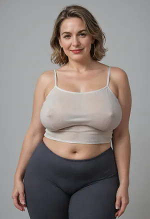 Mature, gilf, 80 years old, (oversized ssbbw:1), ., (Oversized thick thighs and oversized wide hips:1.2), . Oversized wide thin camisole. Natural brown hair, thick. Freckles on face. Long eyelash. Full lips, lipstick. Tight highwaist yoga pants. Hoop earrings. Seductive posing. Seductive smile. Fupa. Light eyes, sagging, drooping, bulging cameltoe, puffy, plump, bottomheavy, big, ass, huge, gigantic, thick, thighs, massive, <lora:bottomheavy_v1_sdxl_tags:.8>, blonde, wrinkles, jewelry, long, hair, short, smiling, 1girl, blue, eyes, <lora:Older_woman-000008:.8>
