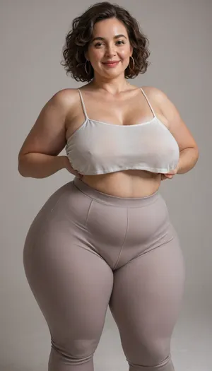 Mature, gilf, 80 years old, (oversized ssbbw:1), ., (Oversized thick thighs and oversized wide hips:1.2), . Oversized wide thin camisole. Natural brown hair, thick. Freckles on face. Long eyelash. Full lips, lipstick. Tight highwaist yoga pants. Hoop earrings. Seductive posing. Seductive smile. Fupa. Light eyes, sagging, drooping, bulging cameltoe, puffy, plump, bottomheavy, big, ass, huge, gigantic, thick, thighs, massive, <lora:bottomheavy_v1_sdxl_tags:.8>, <lora:Older_woman_v4-000002:.8>