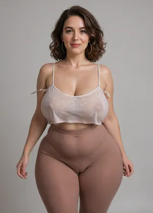 Mature, gilf, 80 years old, (oversized ssbbw:1), ., (Oversized thick thighs and oversized wide hips:1.2), . Oversized wide thin camisole. Natural brown hair, thick. Freckles on face. Long eyelash. Full lips, lipstick. Tight highwaist yoga pants. Hoop earrings. Seductive posing. Seductive smile. Fupa. Light eyes, sagging, drooping, bulging cameltoe, puffy, plump, bottomheavy, big, ass, huge, gigantic, thick, thighs, massive, <lora:bottomheavy_v1_sdxl_tags:.8>, <lora:Older_woman_v4-000002:.8>