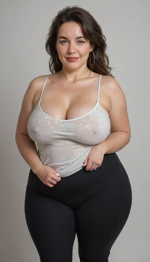 Mature, gilf, 80 years old, (oversized ssbbw:1.5), ., (Oversized thick thighs and oversized wide hips:1.2), . Oversized wide thin camisole. Natural black hair, thick. Freckles on face. Long eyelash. Full lips, lipstick. Tight highwaist yoga pants. Hoop earrings. Seductive posing. Seductive smile. Fupa. Light eyes, sagging, drooping, bulging cameltoe, puffy, plump, blonde, wrinkles, jewelry, long, hair, short, smiling, 1girl, blue, eyes, <lora:Older_woman-000008:.8>
