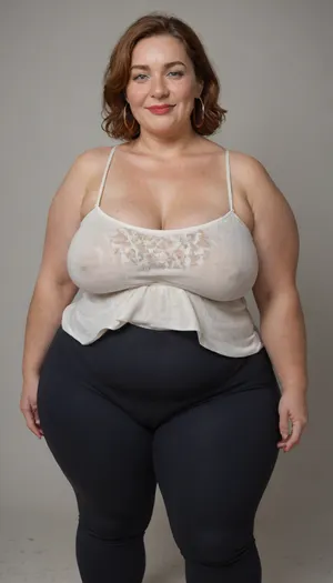 Mature, gilf, 80 years old, (oversized ssbbw:1.5), ., (Oversized thick thighs and oversized wide hips:1), . Oversized wide thin camisole. Natural auburn hair, thick. Freckles on face. Long eyelash. Full lips, lipstick. Tight highwaist yoga pants. Hoop earrings. Seductive posing. Seductive smile. Fupa. Light eyes, sagging, drooping, bulging cameltoe, puffy, plump, blonde, wrinkles, jewelry, long, hair, short, smiling, 1girl, blue, eyes, <lora:Older_woman-000008:.8>
