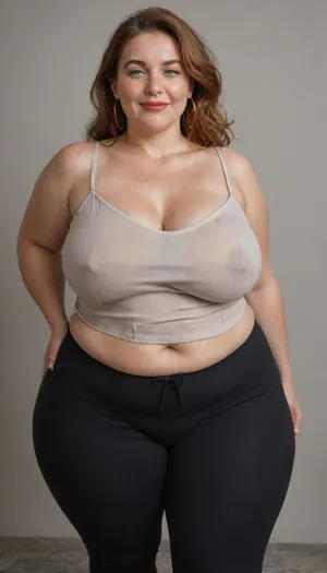 Mature, gilf, 80 years old, (oversized ssbbw:1.5), ., (Oversized thick thighs and oversized wide hips:1), . Oversized wide thin camisole. Natural auburn hair, thick. Freckles on face. Long eyelash. Full lips, lipstick. Tight highwaist yoga pants. Hoop earrings. Seductive posing. Seductive smile. Fupa. Light eyes, sagging, drooping, bulging cameltoe, puffy, plump, blonde, wrinkles, jewelry, long, hair, short, smiling, 1girl, blue, eyes, <lora:Older_woman-000008:.8>