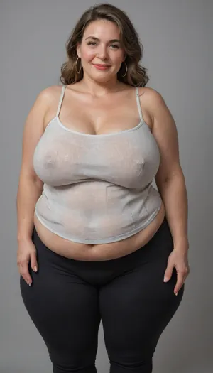 Mature, gilf, 80 years old, (oversized ssbbw:1.5), ., (Oversized thick thighs and oversized wide hips:1), . Oversized wide thin camisole. Natural brown hair, thick. Freckles on face. Long eyelash. Full lips, lipstick. Tight highwaist yoga pants. Hoop earrings. Seductive posing. Seductive smile. Fupa. Light eyes, sagging, drooping, bulging cameltoe, puffy, plump, blonde, wrinkles, jewelry, long, hair, short, smiling, 1girl, blue, eyes, <lora:Older_woman-000008:.8>