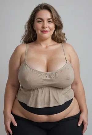 Mature, gilf, 80 years old, (oversized ssbbw:1.5), ., (Oversized thick thighs and oversized wide hips:1), . Oversized wide thin camisole. Natural brown hair, thick. Freckles on face. Long eyelash. Full lips, lipstick. Tight highwaist yoga pants. Hoop earrings. Seductive posing. Seductive smile. Fupa. Light eyes, sagging, drooping, bulging cameltoe, puffy, plump, blonde, wrinkles, jewelry, long, hair, short, smiling, 1girl, blue, eyes, <lora:Older_woman-000008:.8>