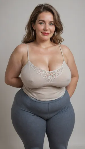 Mature, gilf, 80 years old, (oversized ssbbw:1.5), ., (Oversized thick thighs and oversized wide hips:1), . Oversized wide thin camisole. Natural brown hair, thick. Freckles on face. Long eyelash. Full lips, lipstick. Tight highwaist yoga pants. Hoop earrings. Seductive posing. Seductive smile. Fupa. Blue eyes, sagging, drooping, bulging cameltoe, puffy, plump, blonde, wrinkles, jewelry, long, hair, short, smiling, 1girl, blue, eyes, <lora:Older_woman-000008:.4>