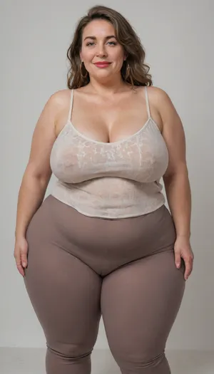 Mature, gilf, 80 years old, (oversized ssbbw:1.5), ., (Oversized thick thighs and oversized wide hips:1), . Oversized wide thin camisole. Natural brown hair, thick. Freckles on face. Long eyelash. Full lips, lipstick. Tight highwaist yoga pants. Hoop earrings. Seductive posing. Seductive smile. Fupa. Blue eyes, sagging, drooping, bulging cameltoe, puffy, plump, blonde, wrinkles, jewelry, long, hair, short, smiling, 1girl, blue, eyes, <lora:Older_woman-000008:.4>