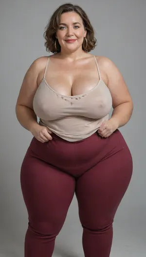 Mature, gilf, 80 years old, (oversized ssbbw:1.5), ., (Oversized thick thighs and oversized wide hips:1.2), . Oversized wide thin camisole. Natural brown hair, thick. Freckles on face. Long eyelash. Full lips, lipstick. Tight highwaist yoga pants. Hoop earrings. Seductive posing. Seductive smile. Fupa. Blue eyes, sagging, drooping, bulging, cameltoe, puffy, plump, blonde, wrinkles, jewelry, long, hair, short, smiling, 1girl, blue, eyes, <lora:Older_woman-000008:.4>