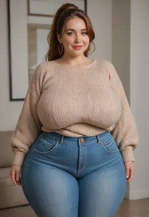 Mature, 60 years old, (oversized ssbbw:1.5), ., (Oversized thick thighs and oversized wide hips:1), . Oversized wide sweater. Natural auburn hair, thick ponytail. Freckles on face. Long eyelash. Busty lips, lipstick. Tight highwaist jeans. Big earrings. Seductive posing. Seductive smile. Fupa. Green eyes