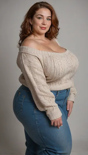 Mature, gilf, 60 years old, (oversized ssbbw:1.5), ., (Oversized thick thighs and oversized wide hips:1), . Oversized wide sweater. Natural auburn hair, thick. Freckles on face. Long eyelash. Busty lips, lipstick. Tight highwaist jeans. Big earrings. Seductive posing. Seductive smile. Fupa. Green eyes