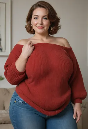 Mature, gilf, 60 years old, (oversized ssbbw:1.3), ., (Oversized thick thighs and oversized wide hips:1), . Oversized wide sweater. Natural auburn hair, thick. Freckles on face. Long eyelash. Busty lips, lipstick. Tight highwaist jeans. Big earrings. Seductive posing. Seductive smile. Fupa. Green eyes