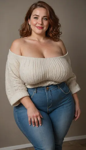 Mature, gilf, 60 years old, (oversized ssbbw:1.3), ., (Oversized thick thighs and oversized wide hips:1), . Oversized wide sweater. Natural auburn hair, thick. Freckles on face. Long eyelash. Busty lips, lipstick. Tight highwaist jeans. Big earrings. Seductive posing. Seductive smile. Fupa. Green eyes