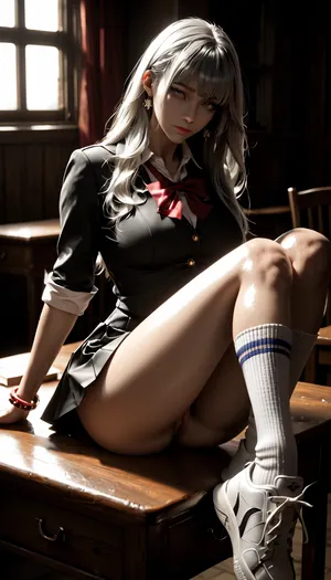 (score_9, score_8_up, sharp focus, masterpiece, perfect eyes), young face, perfect lighting, (best lighting), highest quality, ultra-detailed images, fine details, high resolution, 8k, uncensored, shiny_skin, (bangs messy long grey hair), ncredibly beautiful girl naked, grey hair, long hair, grey eyes, realistic Euro-American face, (Euro-American girl Naked), (body sheen), ((white skin)), (glistening skin), (huge natural breasts), big waist, ((Well-Bulit)), wide hips, perfect skin, perfect face, seductive pose, (School uniform, short skirt, white sneakers, sock), (pleasure, bewildered, Horny), (her face and expression showing a mix of submission and ecstasy and exhaustion), slight eye roll, big round athletic ass, half open eyes, luscious sensual lips, natural beauty, eternal beauty, ageless beauty, waist, hourglass figure, thigh gap, (bracelets), ((Sitting on the desk with legs slightly split)), in a school, <lora:reallora1:.5>, <lora:Oxygen girl_SDXL1.0:.5>, <lora:dark:.8>