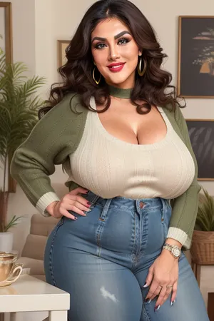 Armenian, Mature, gilf, 60 years old, (oversized ssbbw:1.3), ., (Oversized thick thighs and oversized wide hips:1), . Oversized wide sweater. Natural hair, thick. Freckles on face. Long eyelash. Busty lips, lipstick. Tight highwaist jeans. Big earrings. Seductive posing. Seductive smile. Fupa. Green eyes