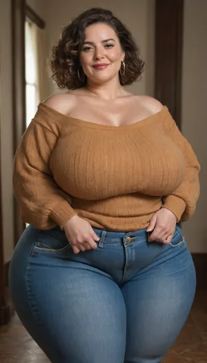 Armenian, Mature, gilf, 60 years old, (oversized ssbbw:1.5), ., (Oversized thick thighs and oversized wide hips:1), . Oversized wide sweater. Natural hair, thick. Freckles on face. Long eyelash. Busty lips, lipstick. Tight highwaist jeans. Big earrings. Seductive posing. Seductive smile. Fupa. Green eyes