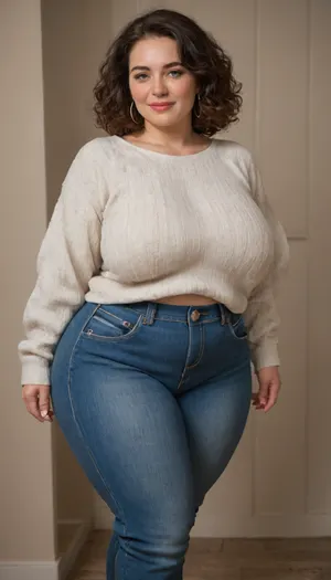 Mature, gilf, 60 years old, (oversized ssbbw:1.3), ., (Oversized thick thighs and oversized wide hips:1), . Oversized wide sweater. Natural chestnut hair, thick. Freckles on face. Long eyelash. Busty lips, lipstick. Tight highwaist jeans. Big earrings. Seductive posing. Seductive smile. Fupa. Green eyes