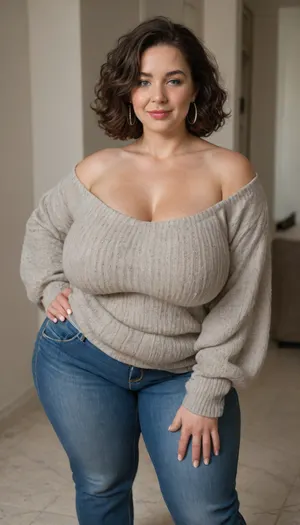 Mature, gilf, 60 years old, (oversized ssbbw:1.5), ., (Oversized thick thighs and oversized wide hips:1), . Oversized wide sweater. Natural chestnut hair, thick. Freckles on face. Long eyelash. Busty lips, lipstick. Tight highwaist jeans. Big earrings. Seductive posing. Seductive smile. Fupa. Green eyes